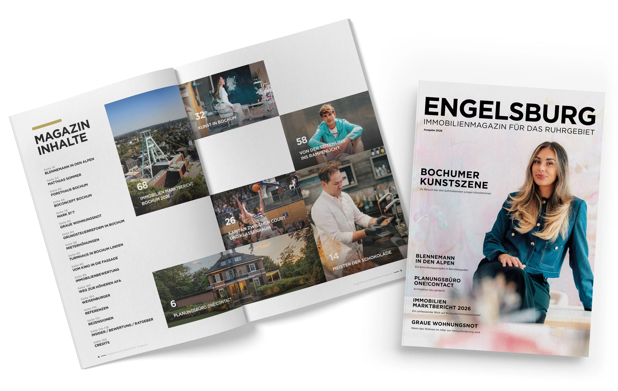 Engelsburg Magazin-Layout im Mockup mit Titelblatt und aufgeschlagenem Inhaltsverzeichnis
