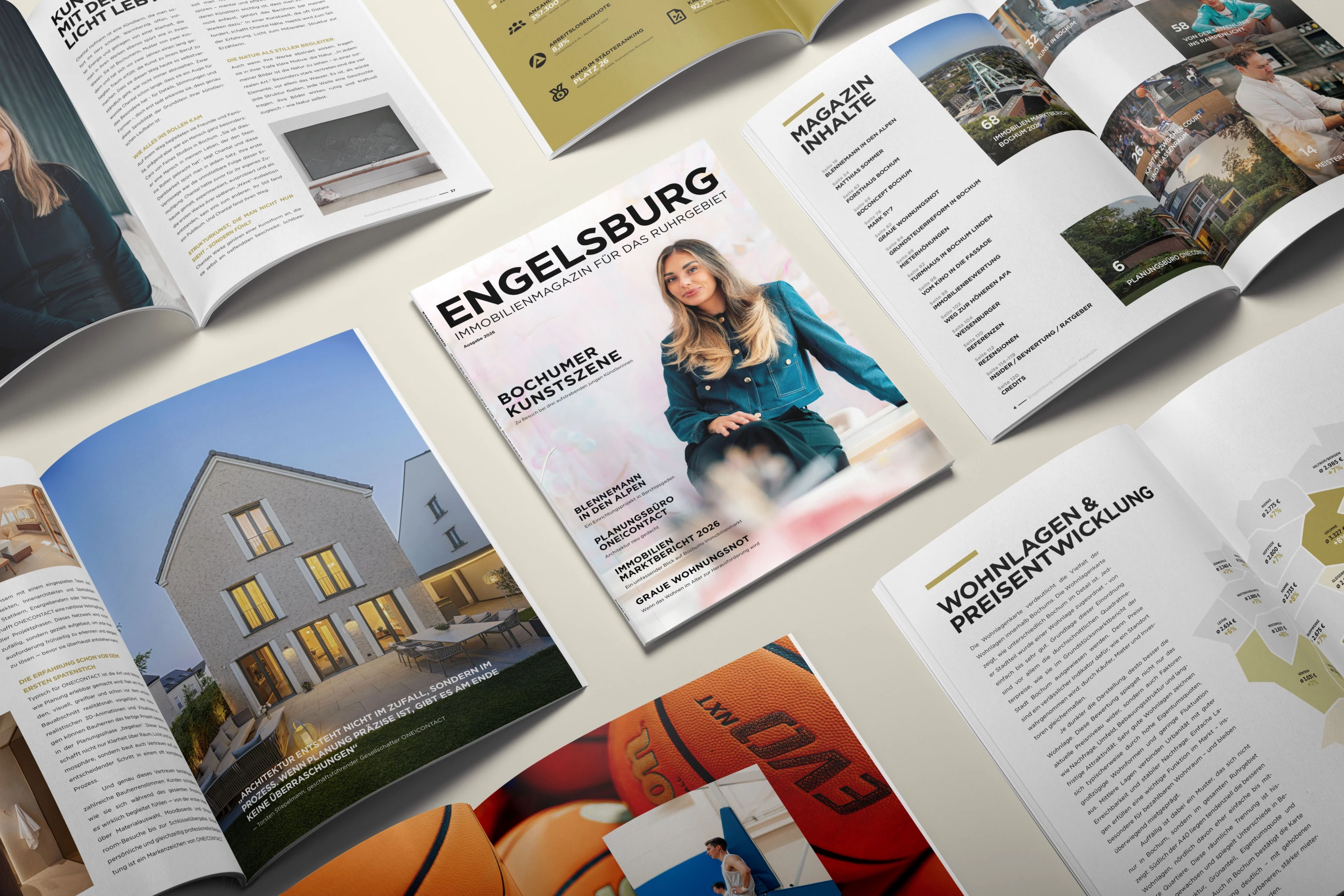 Engelsburg Magazin-Layout im Mockup mit Titelblatt und mehreren aufgeschlagenen Seiten